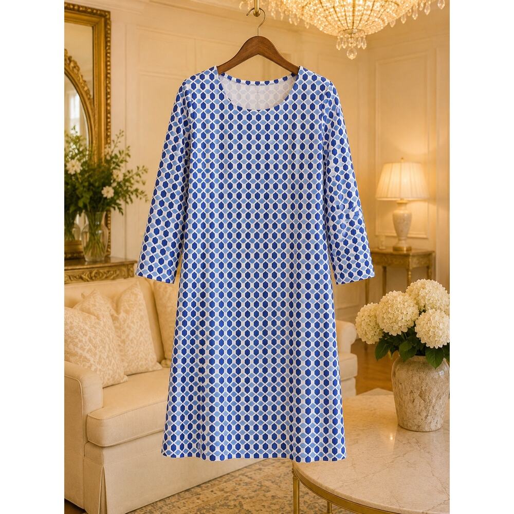 Sailor-Sailor Blue White Coastal Geometric Dress Small 3/4 Sleeve A-Line Resort